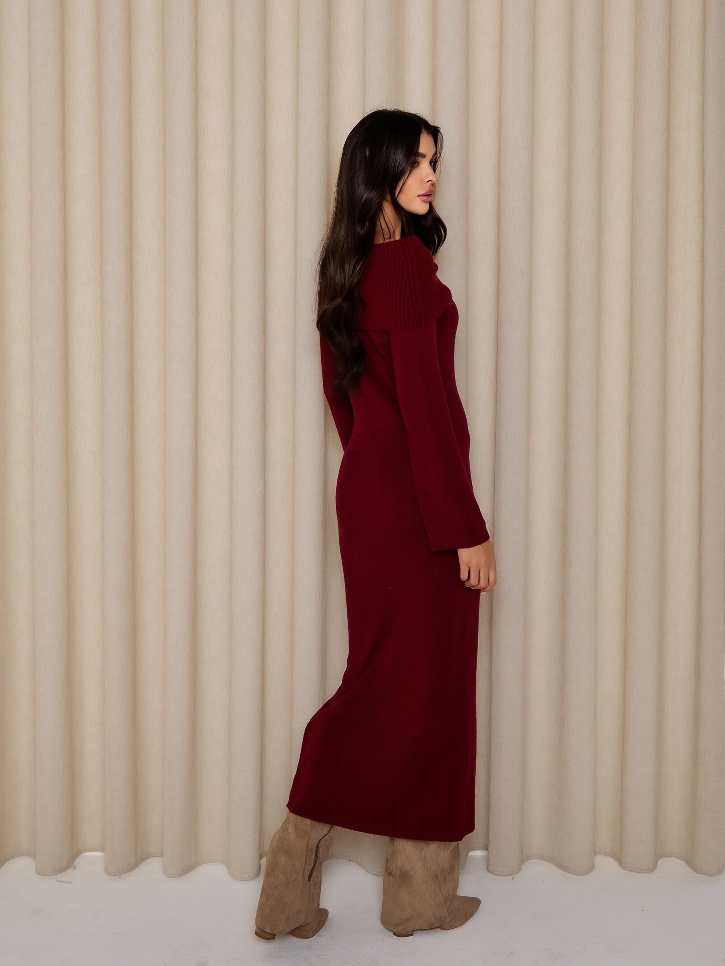 SLOANE Knitted Bardot Maxi Dress in Berry