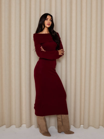 SLOANE Knitted Bardot Maxi Dress in Berry