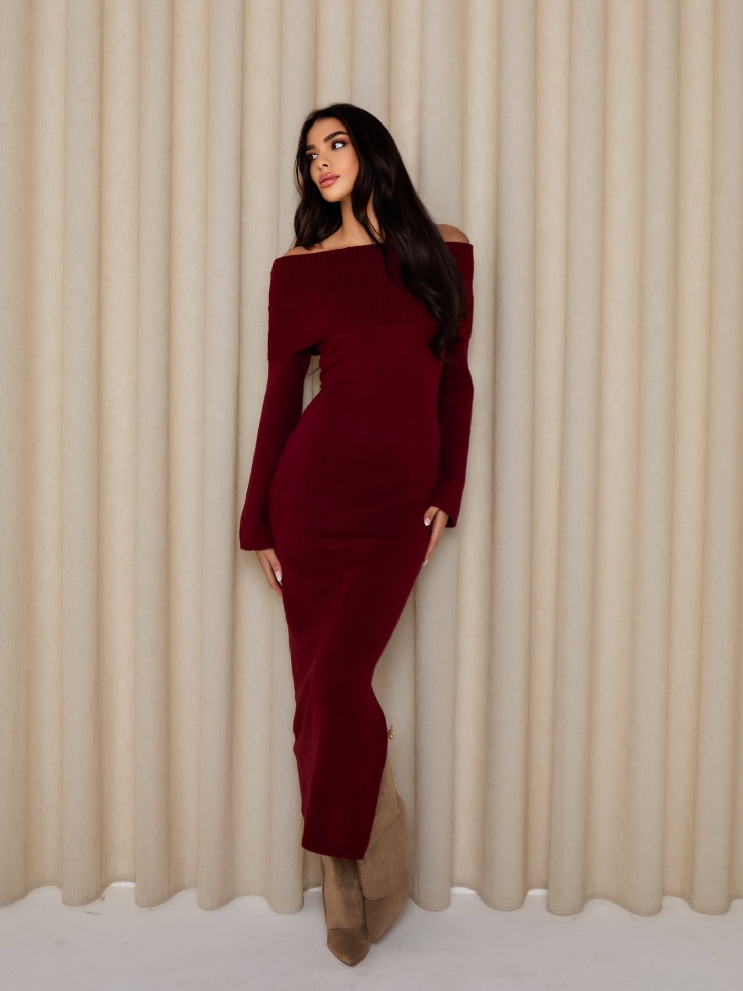 SLOANE Knitted Bardot Maxi Dress in Berry