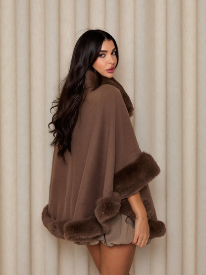 ASPEN Collared Faux Fur Trim Cape Coat In Walnut