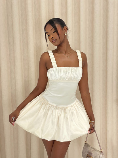 ALYSSA Satin Puffball Mini Dress in Buttermilk