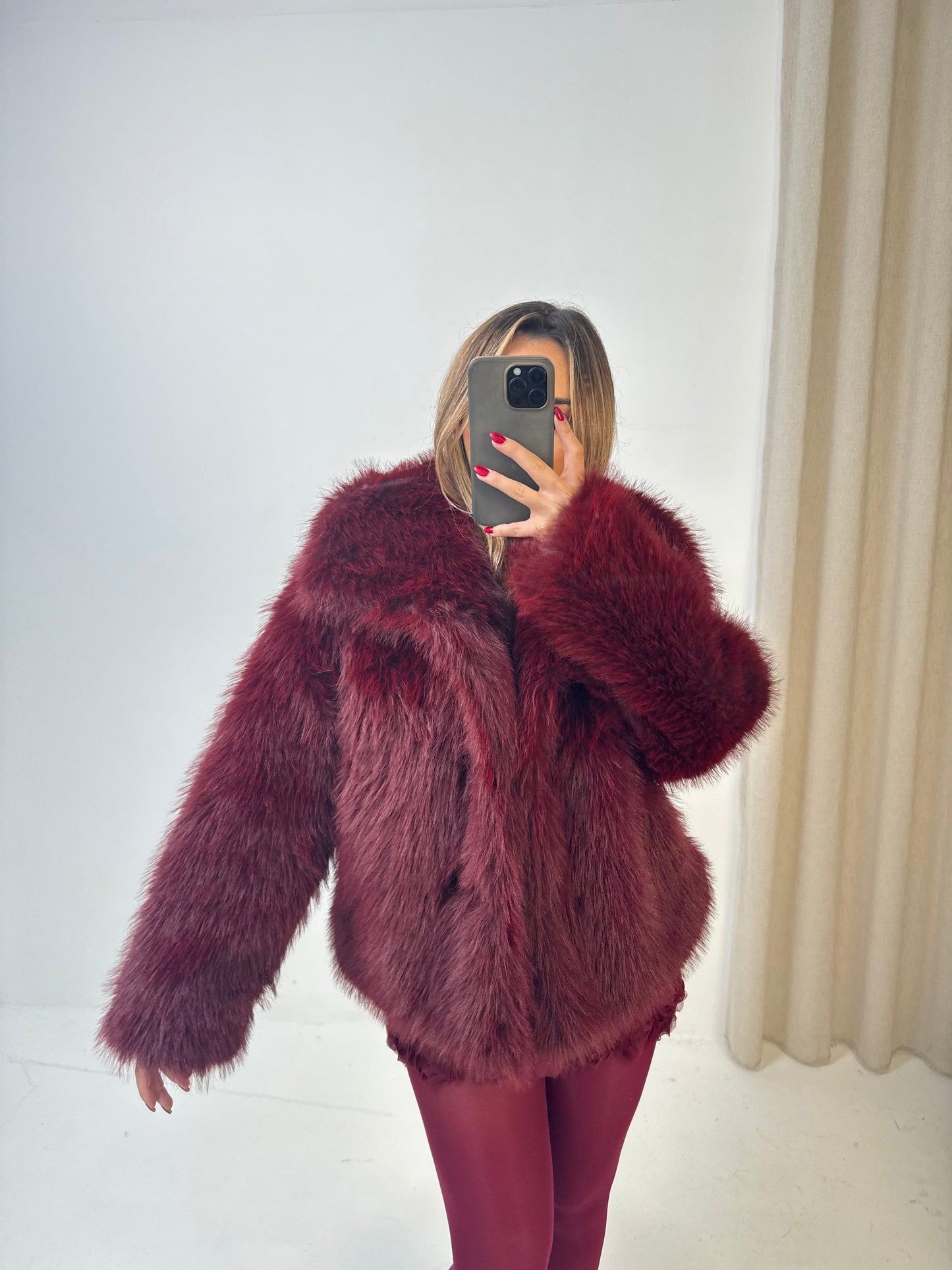 BAMBIE Faux Fur Long Sleeved Jacket In Burgundy