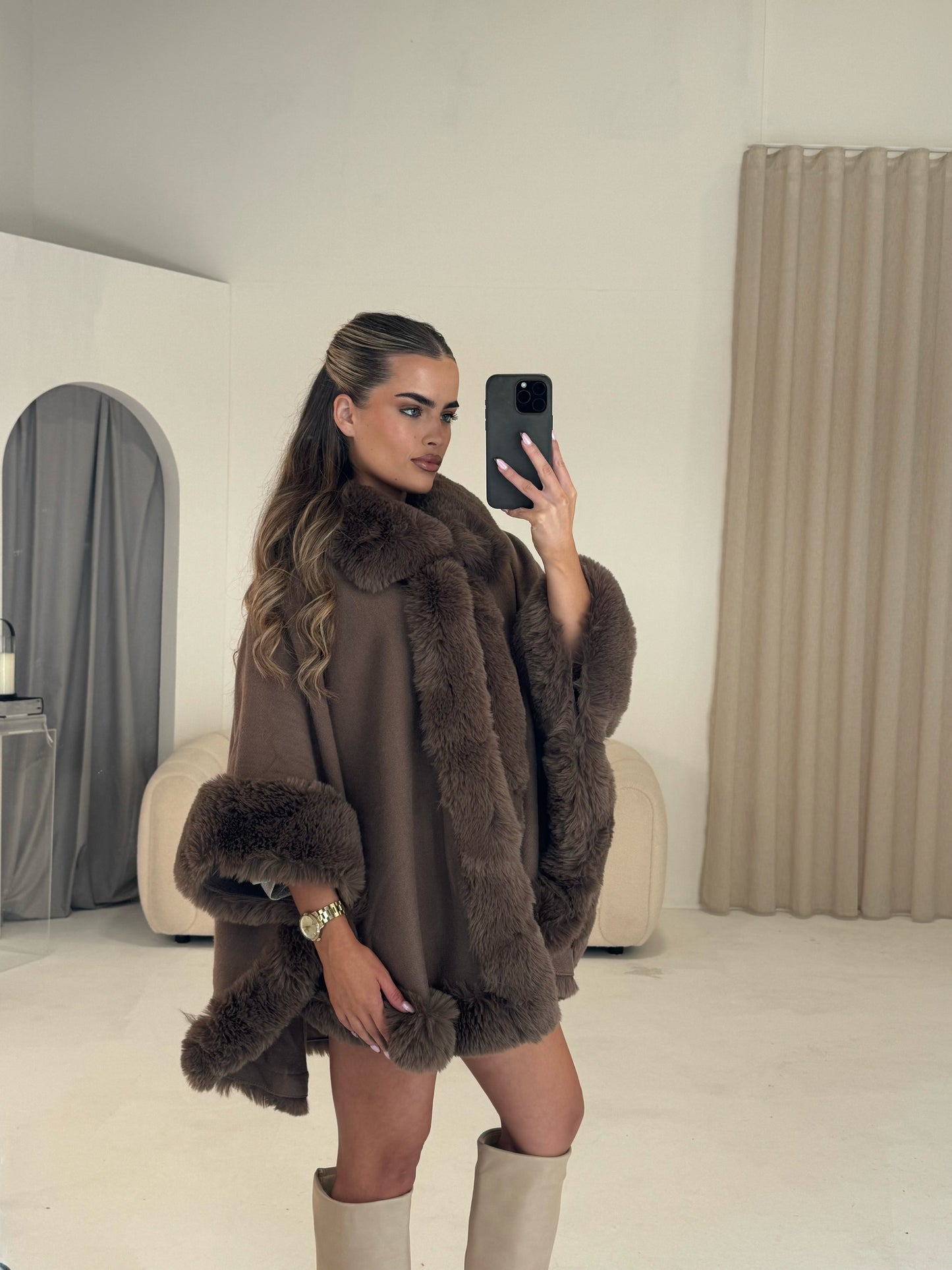 ASPEN Collared Faux Fur Trim Cape Coat In Walnut