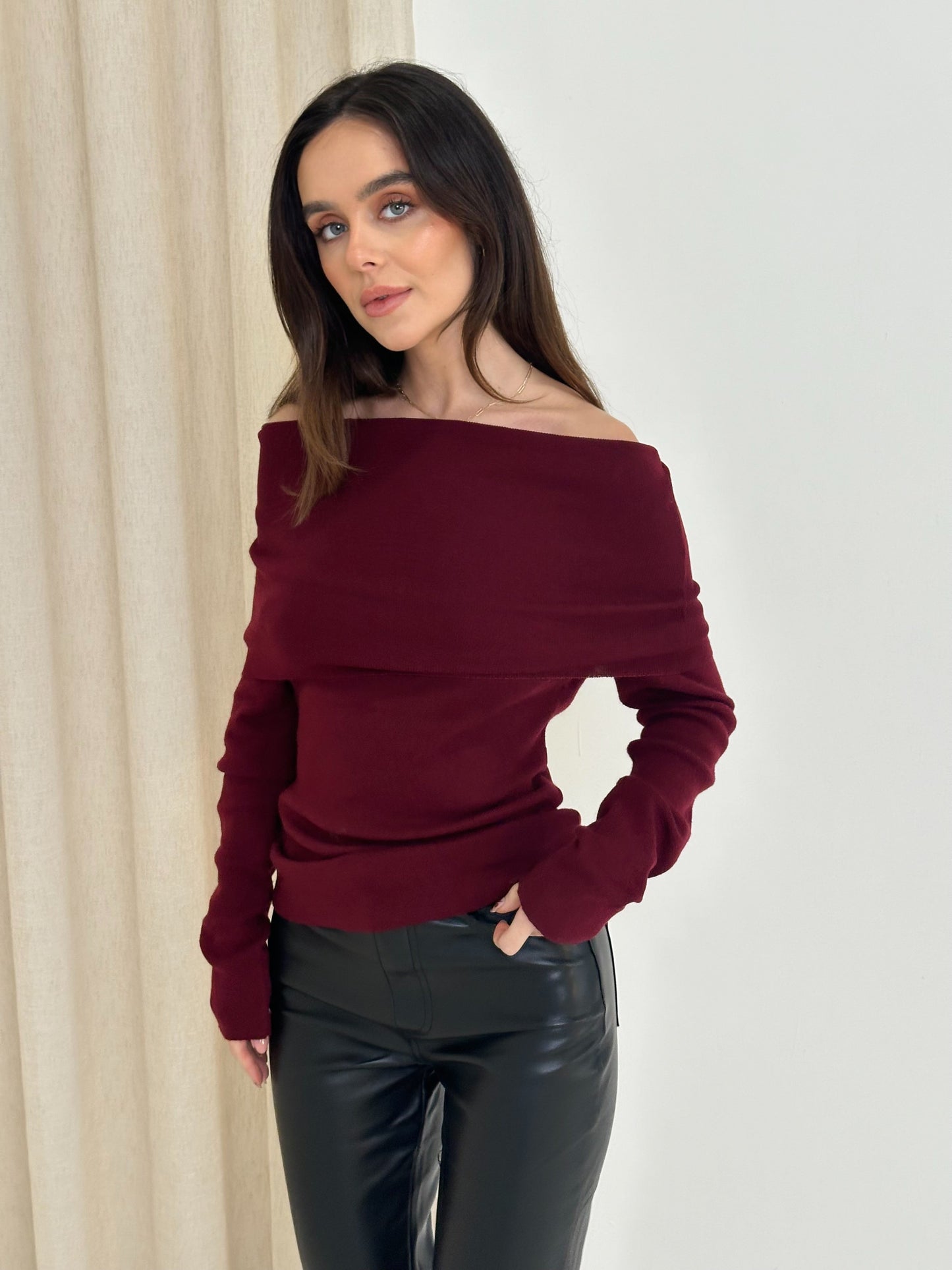 MARNI Long Sleeved Soft Knit Bardot Jumper In Burgundy