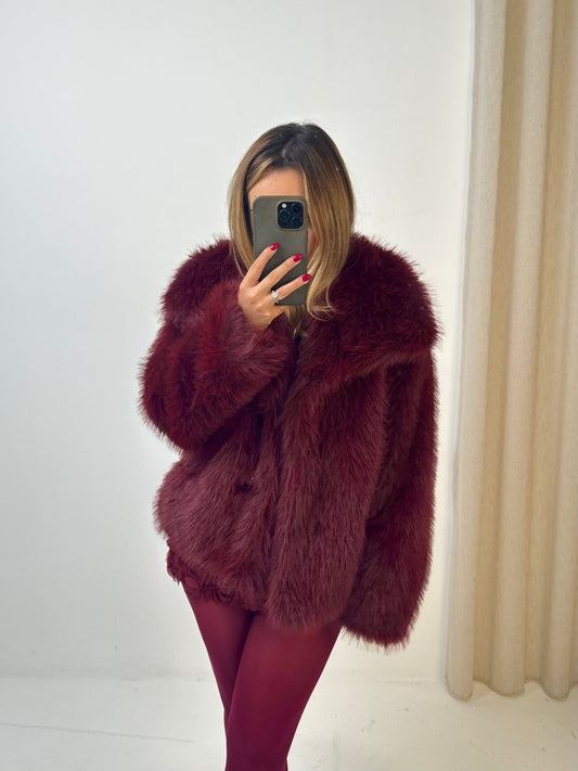 BAMBIE Faux Fur Long Sleeved Jacket In Burgundy