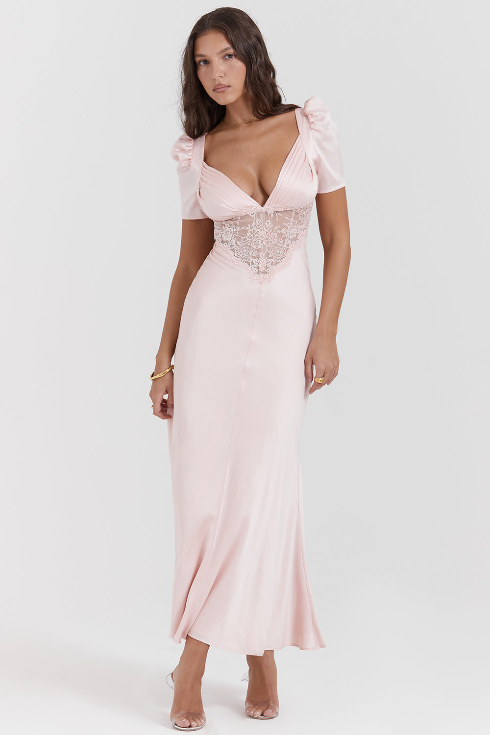 RAFAELA SOFT PEACH PURE SILK & LACE DRESS MAXI DRESS - Pink