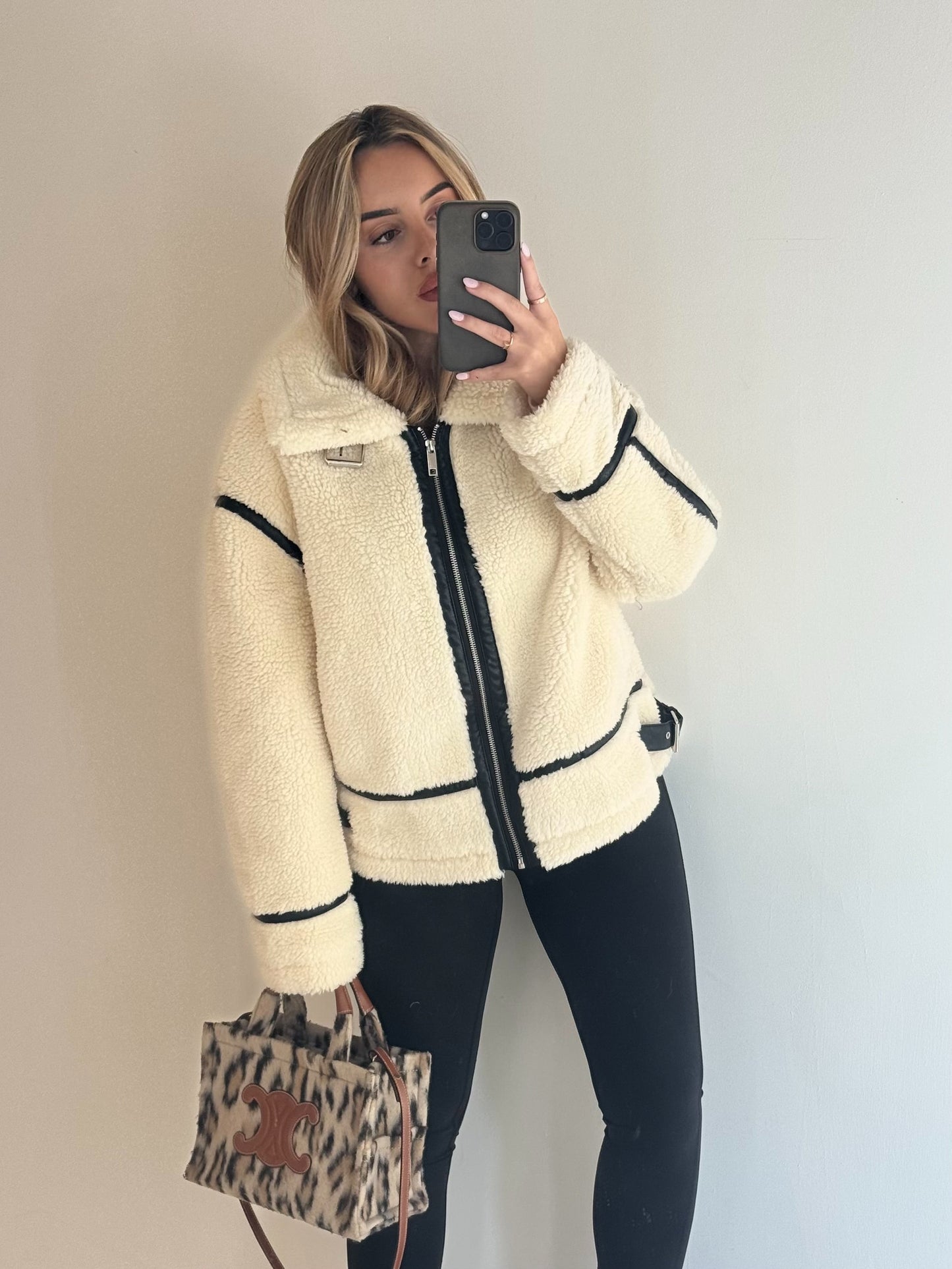 TEDDY Shearling Aviator Jacket In Monochrome