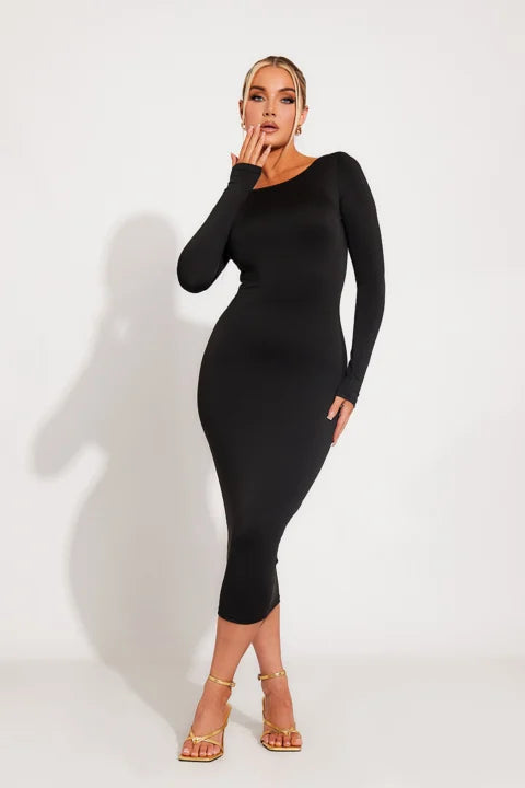 Black Scoop Neck Backless Long Sleeve Midi Dress