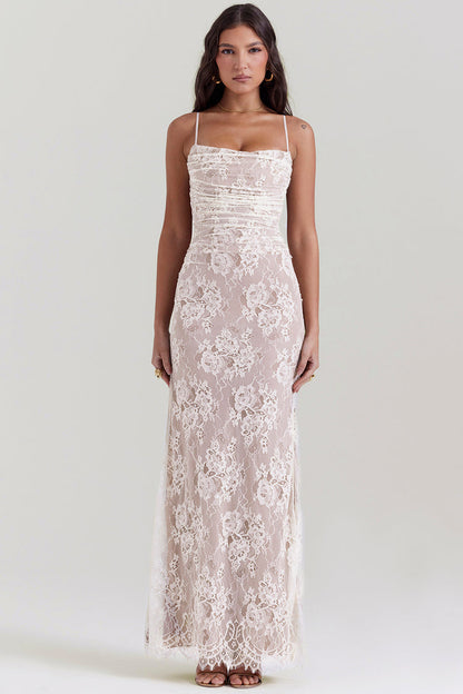 ARTEMIS VINTAGE CREAM LACE MAXI DRESS - White / beige