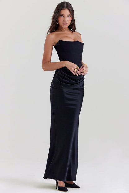 PERSEPHONE BLACK STRAPLESS CORSET MAXI DRESS - Black