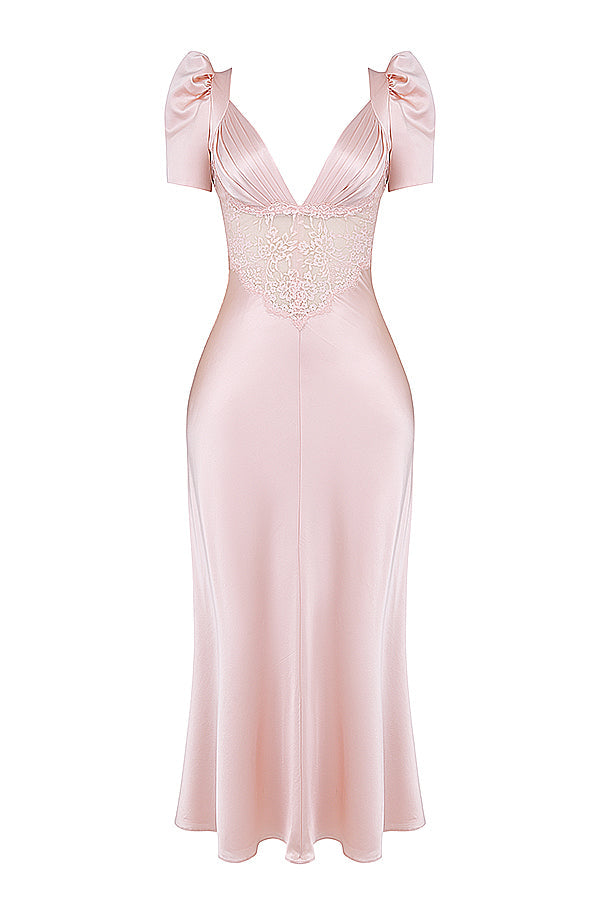 RAFAELA SOFT PEACH PURE SILK & LACE DRESS MAXI DRESS - Pink