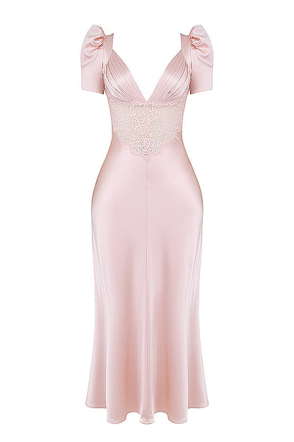 RAFAELA SOFT PEACH PURE SILK & LACE DRESS MAXI DRESS - Pink