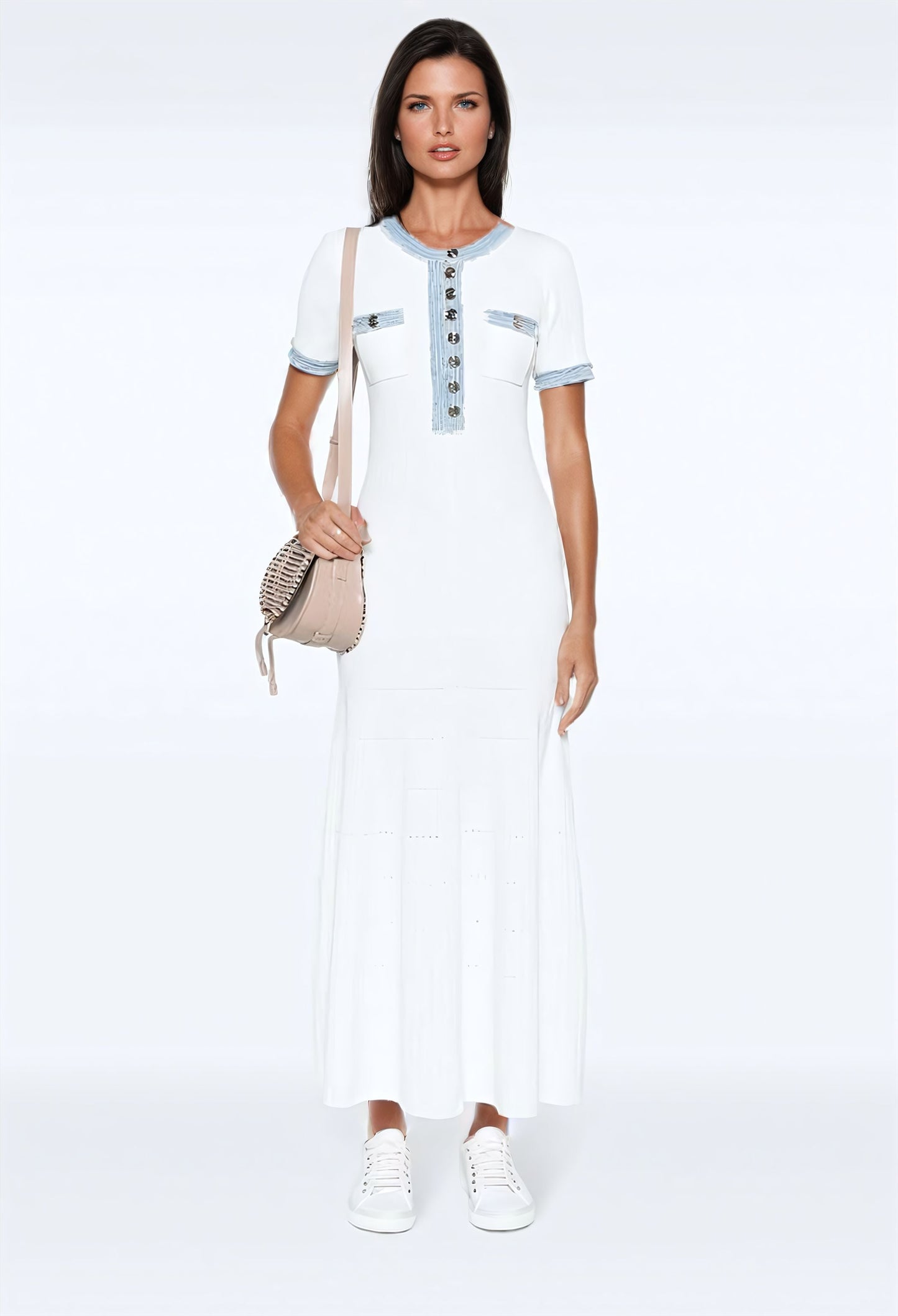 Denim-trim knitted maxi dress - White