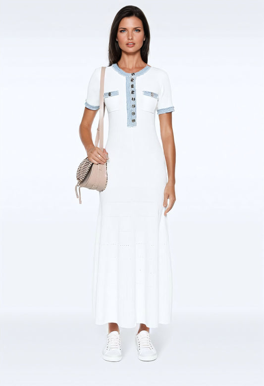 Denim-trim knitted maxi dress - White