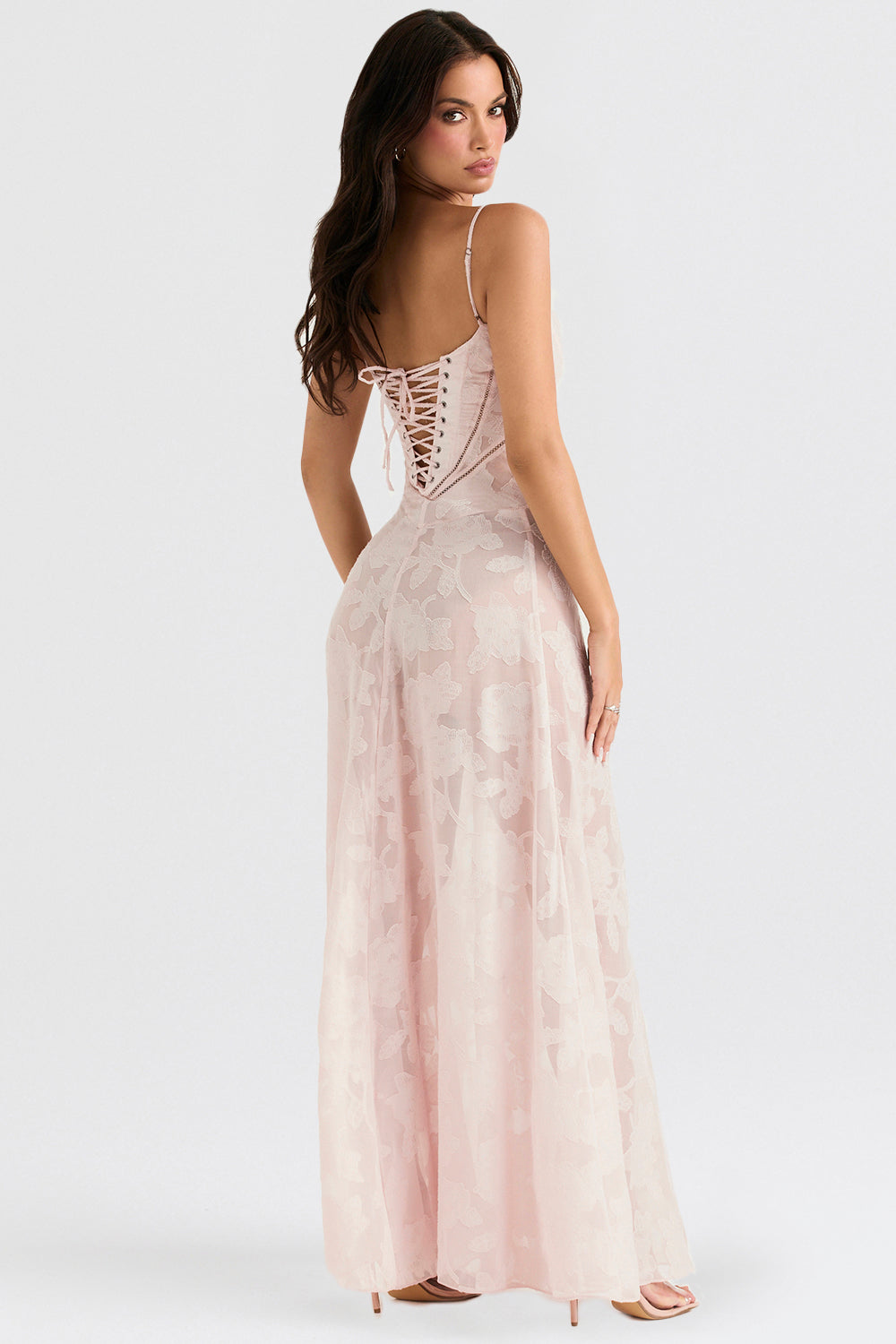 SEREN SOFT PINK FLORAL LACE BACK MAXI DRESS - Pink