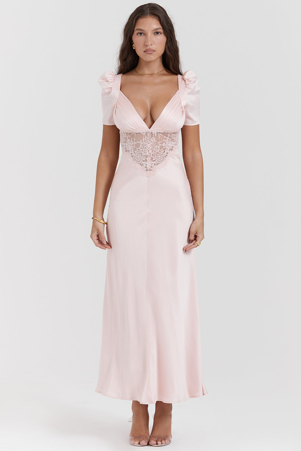 RAFAELA SOFT PEACH PURE SILK & LACE DRESS MAXI DRESS - Pink