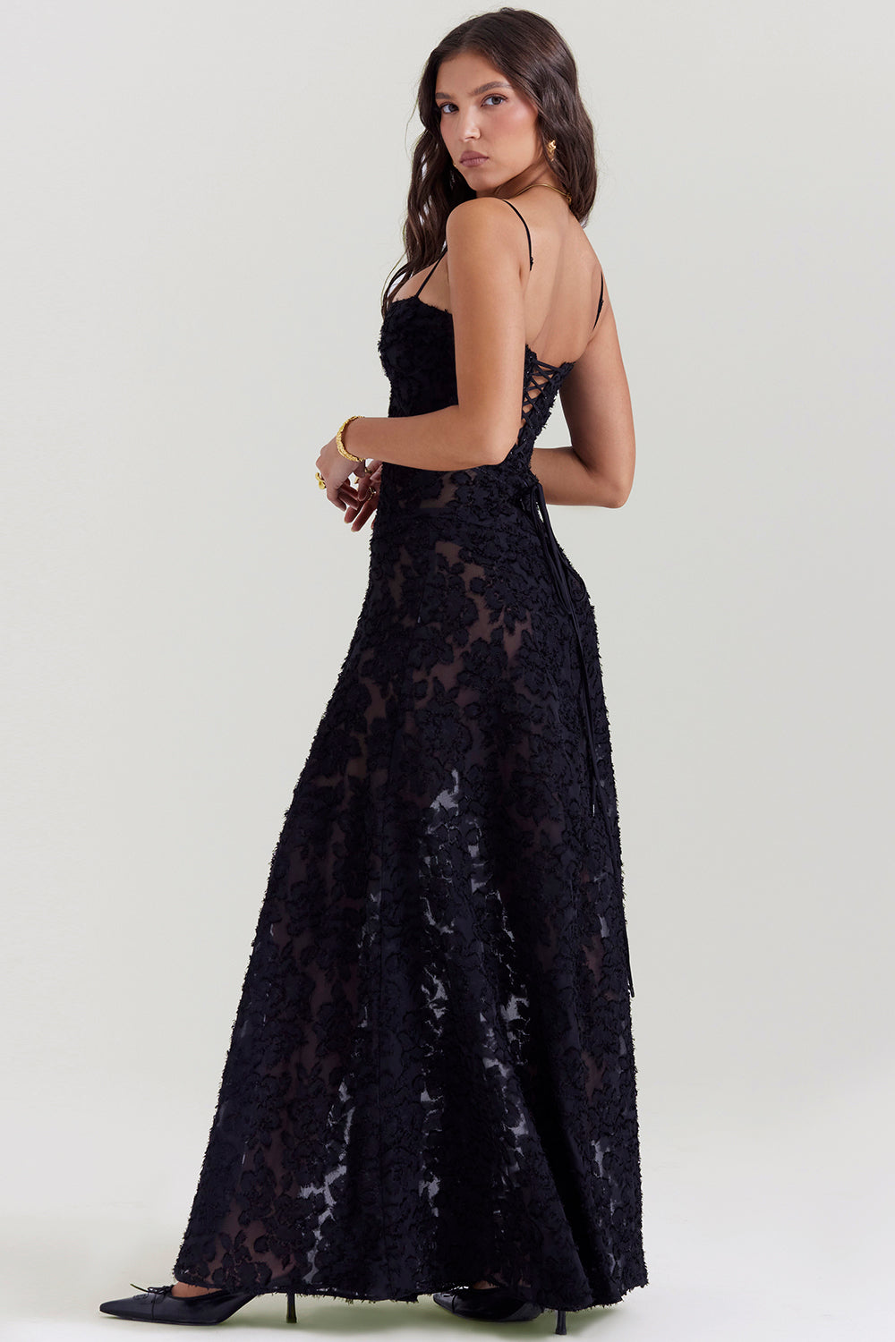 SEREN BLACK FLORAL LACE BACK MAXI DRESS - Black