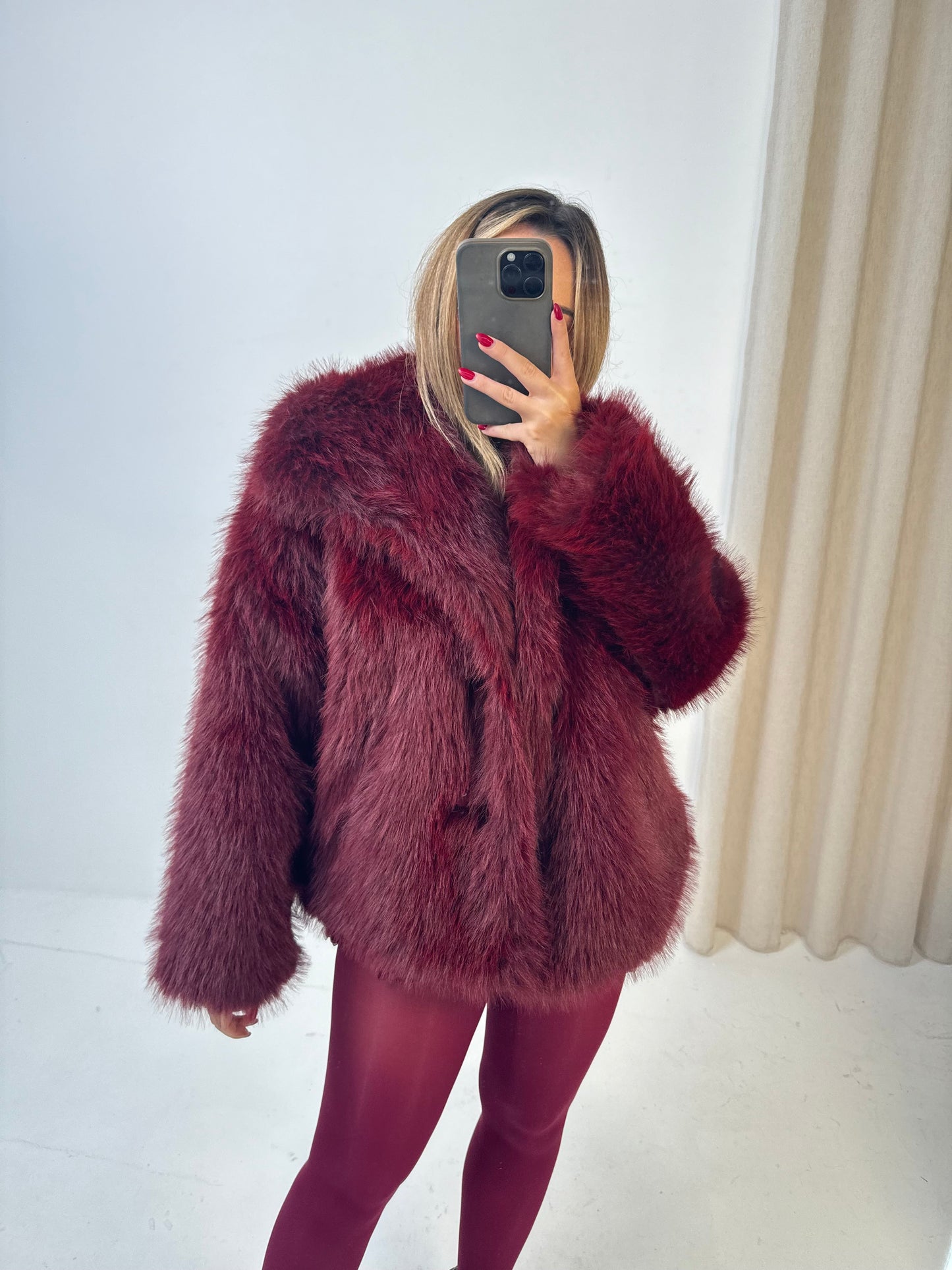 BAMBIE Faux Fur Long Sleeved Jacket In Burgundy