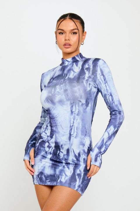 Blue Geometric Print High Neck Long Sleeve Mini Dr