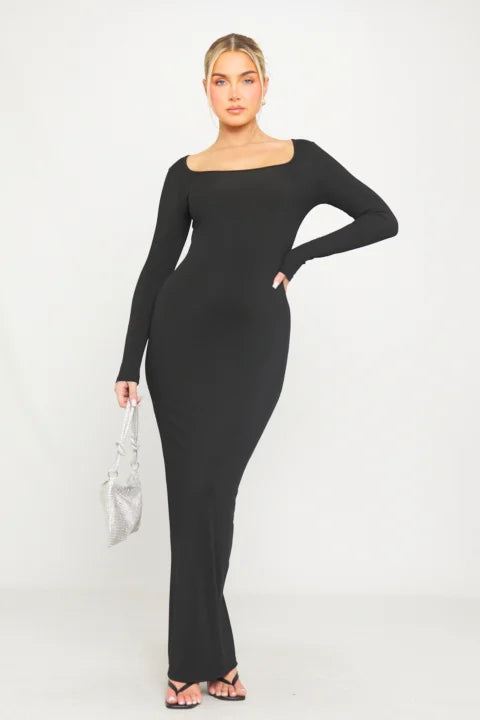 Black Ribbed Scoop Neck Long Sleeve Maxi Dress