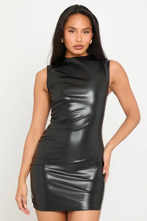 Black Faux Leather High Neck Ruched Mini Dress