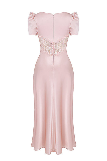 RAFAELA SOFT PEACH PURE SILK & LACE DRESS MAXI DRESS - Pink