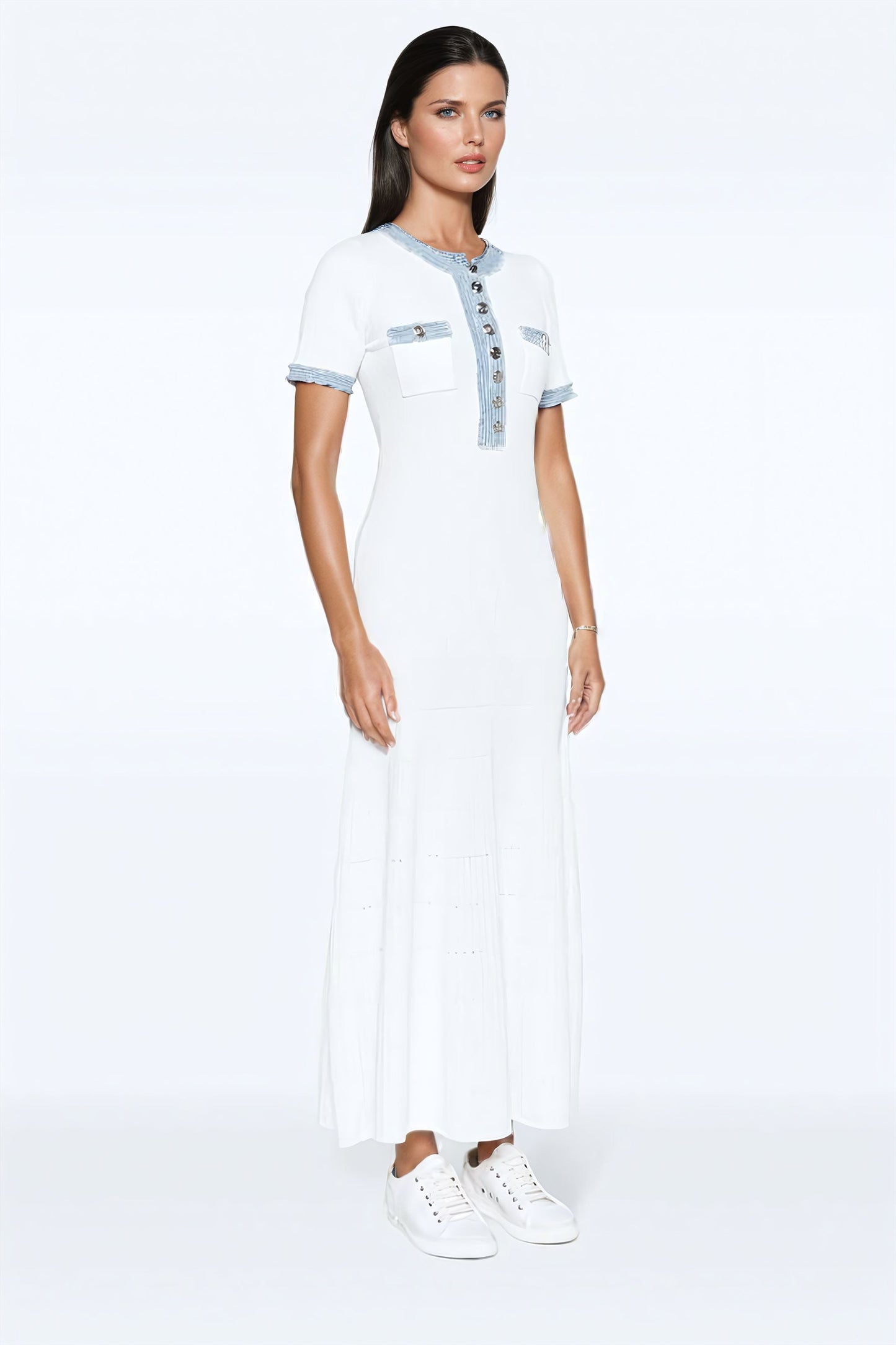 Denim-trim knitted maxi dress - White