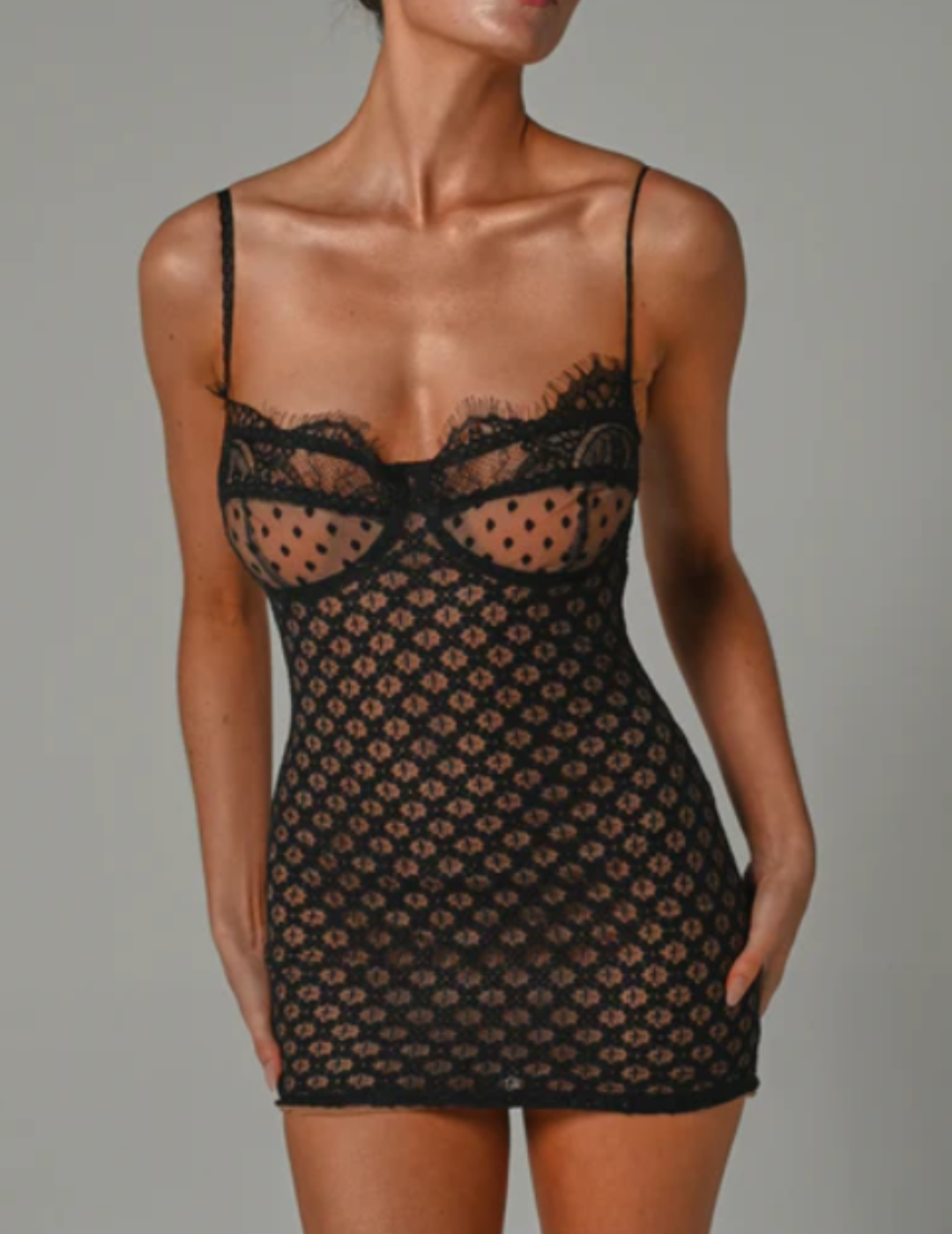 FREYA LACE MESH  MINI DRESS - Black