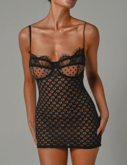 FREYA LACE MESH  MINI DRESS - Black