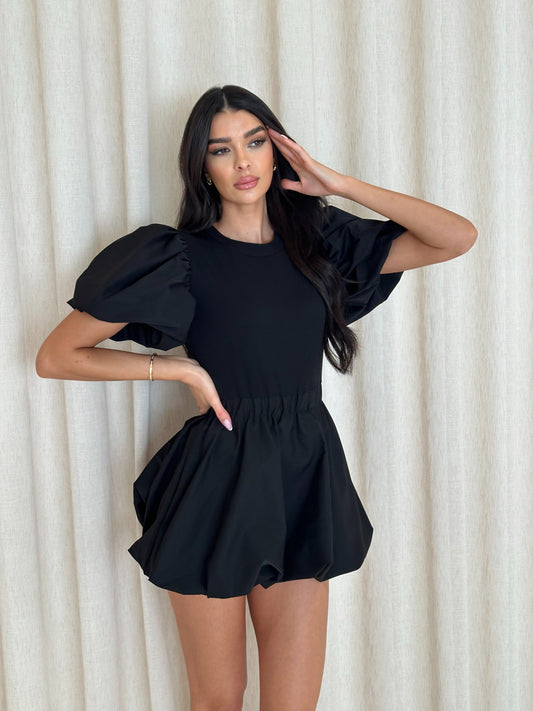 PARISIA Puff Sleeve Mini Dress In Black