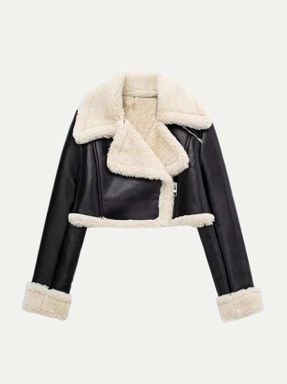 Fur Collar Cropped Faux Leather Jacket