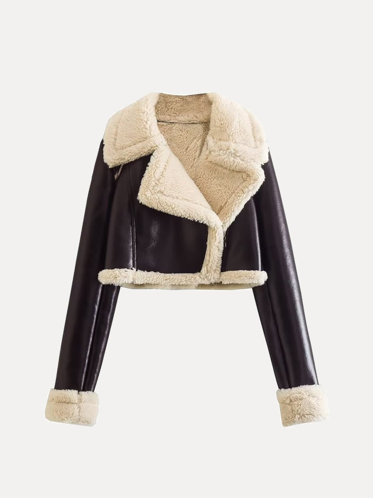 Fur Collar Cropped Faux Leather Jacket