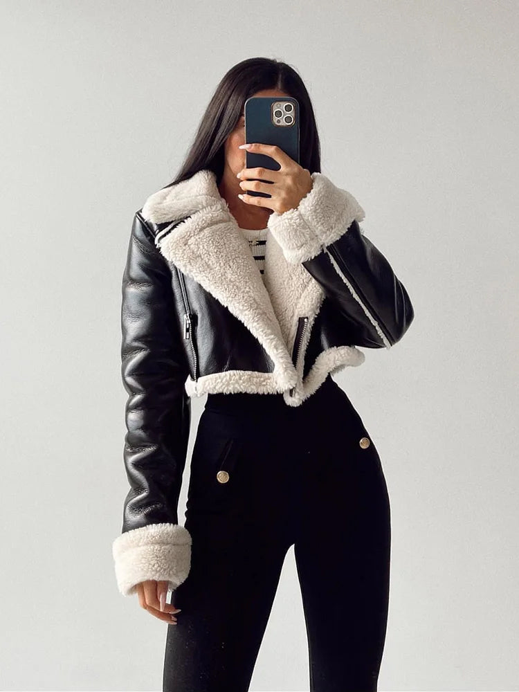 Fur Collar Cropped Faux Leather Jacket