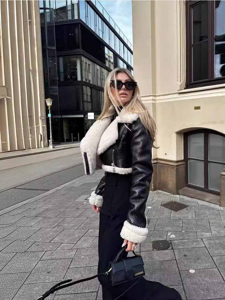 Fur Collar Cropped Faux Leather Jacket