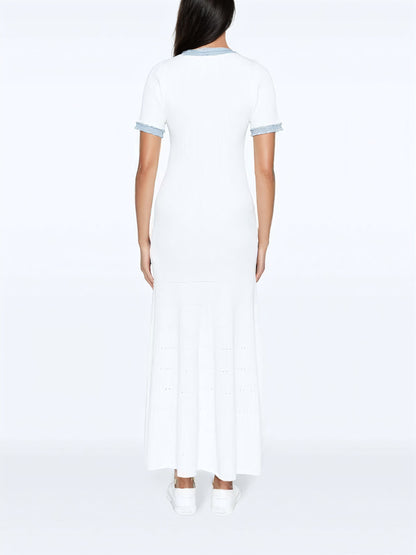 Denim-trim knitted maxi dress - White