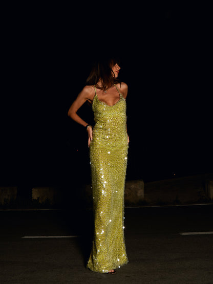 Sequin Backless Maxi Dress in Lime Green