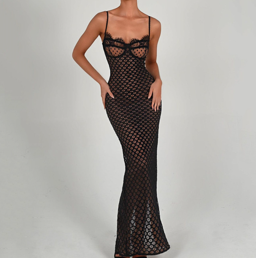 FREYA LACE MESH  MAXI DRESS - Black