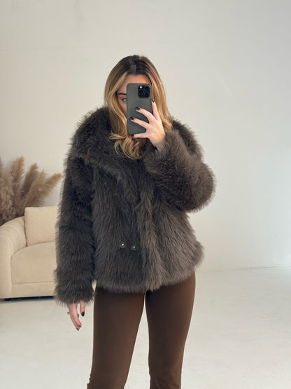 BAMBIE Faux Fur Long Sleeved Jacket In Coffee