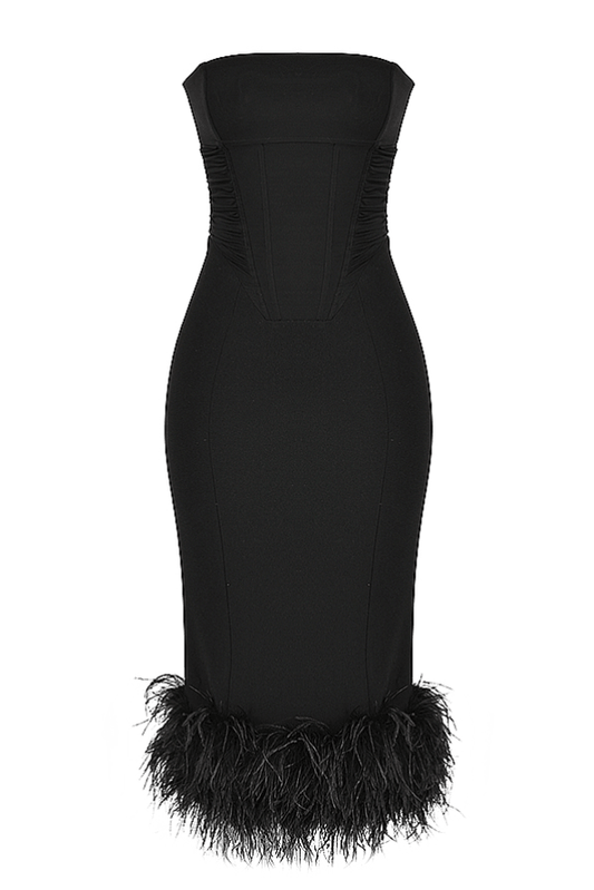 FIONULA BLACK STRAPLESS FEATHER CORSET  MAXI / MIDI DRESS - Black