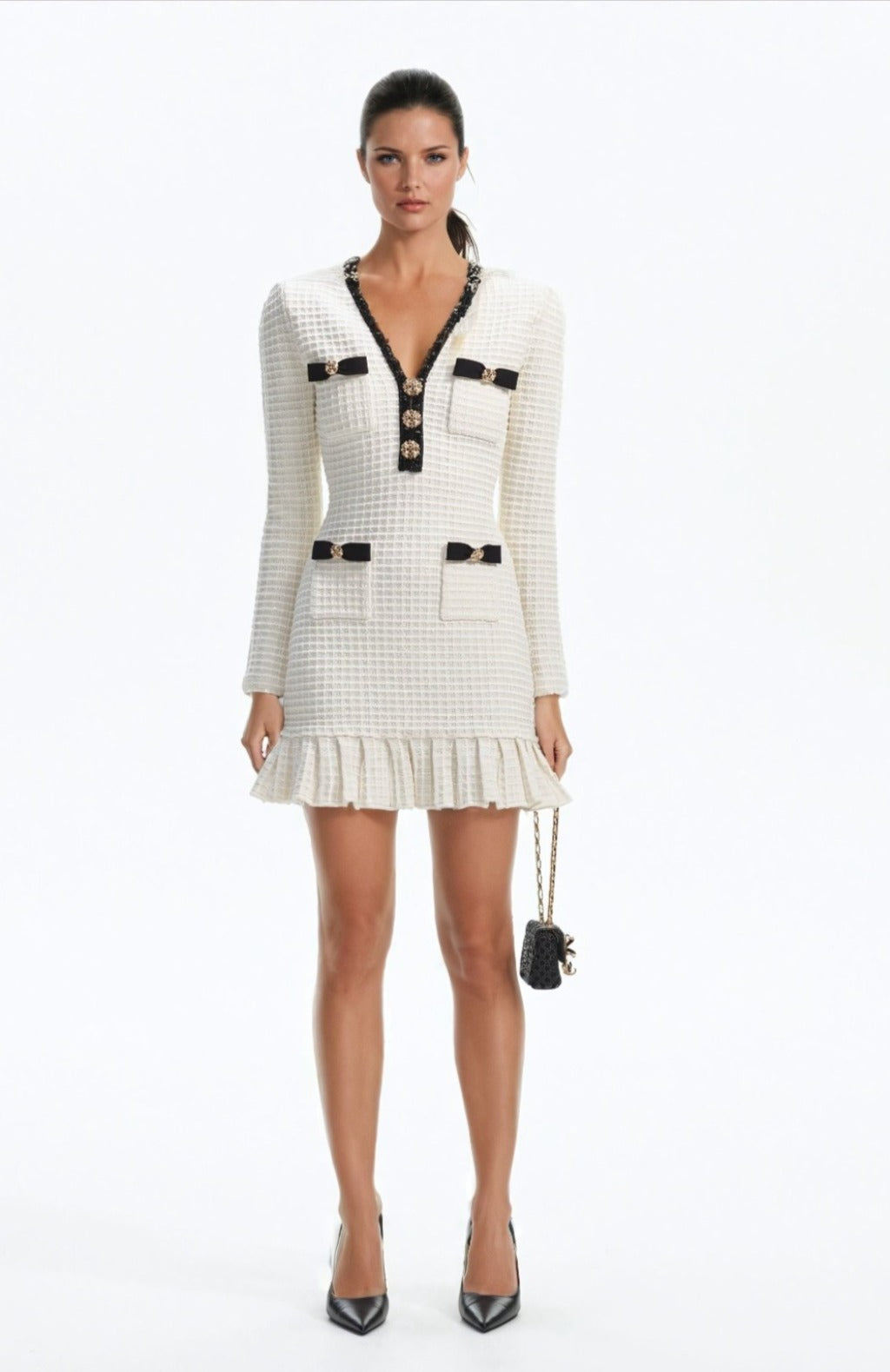 VICTORIA CREAM TEXTURED KNIT MINI DRESS    - White