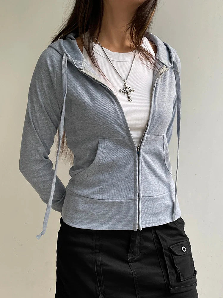 Casual Zip-Up Hooded Sweatshirt with Front Pockets