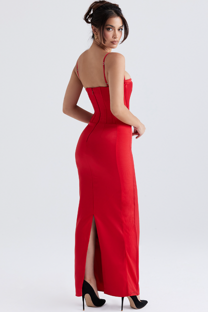 SHANI RED SATIN CORSET MAXI DRESS - Red