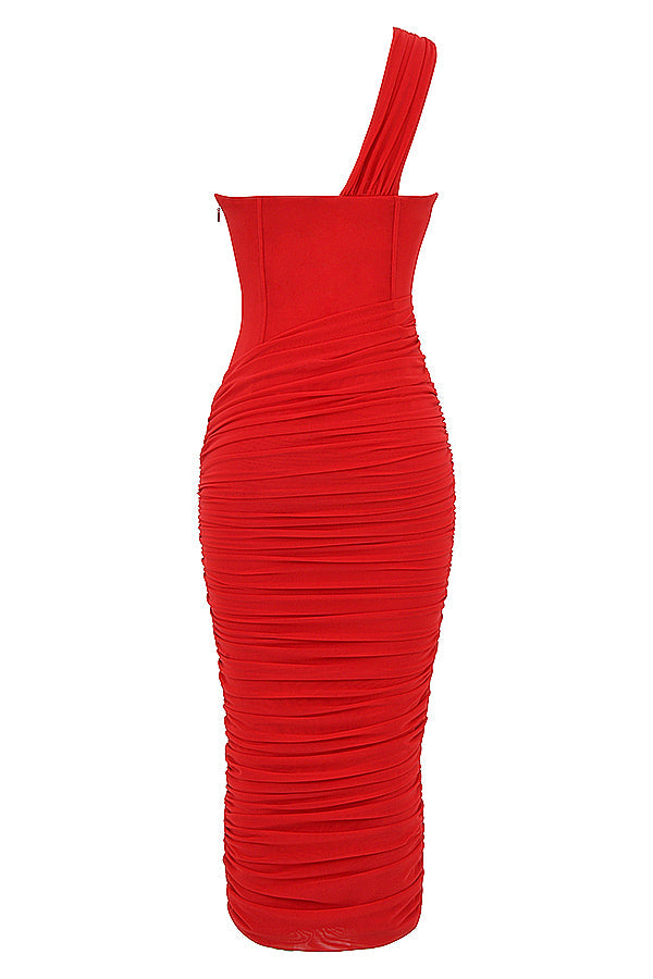 VALENTINA SCARLET ASYMMETRIC CUTOUT MIDI DRESS - Red