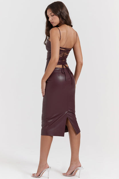 JALENA MULBERRY VEGAN LEATHER LACE MIDI DRESS - Dark brown