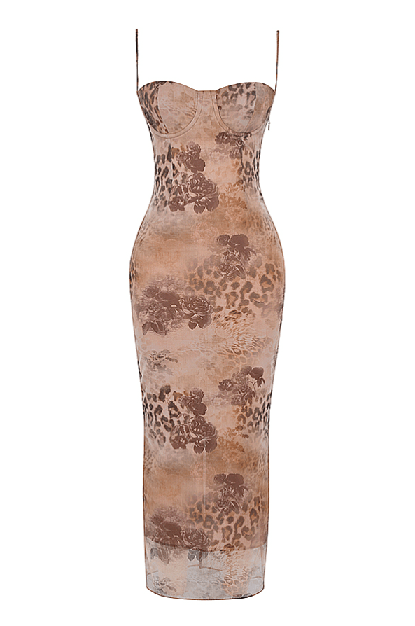 AIZA CREAM FLORAL PRINT MAXI DRESS - Beige