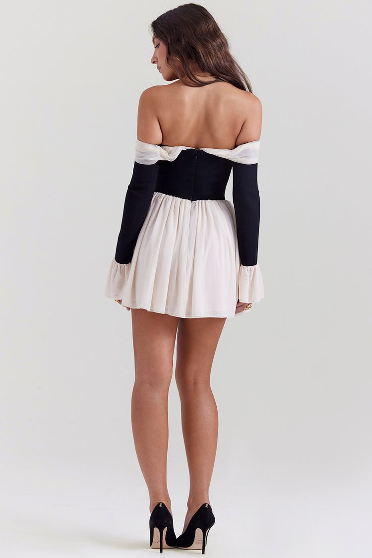 ALANA BLACK & CREAM OFF SHOULDER DRESS - White