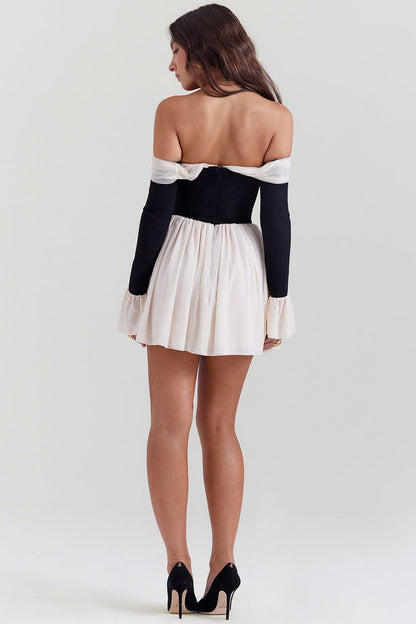 ALANA BLACK & CREAM OFF SHOULDER DRESS - White