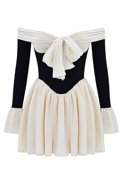 ALANA BLACK & CREAM OFF SHOULDER DRESS - White