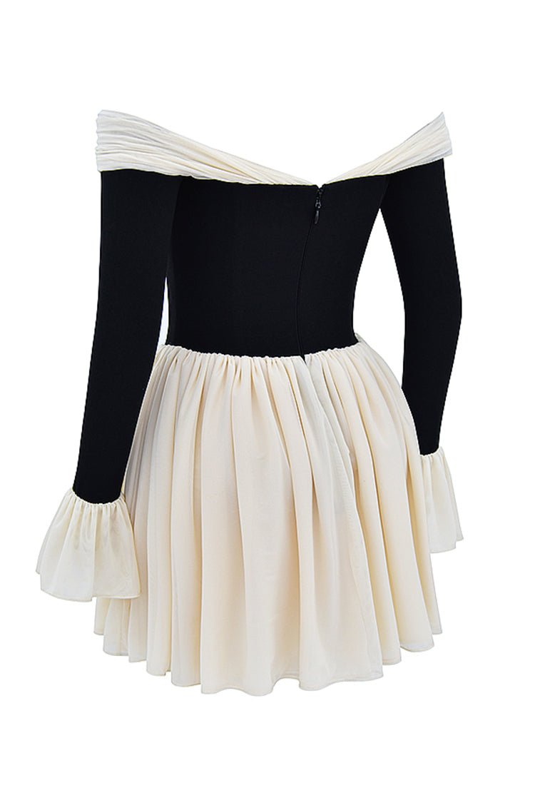 ALANA BLACK & CREAM OFF SHOULDER DRESS - White