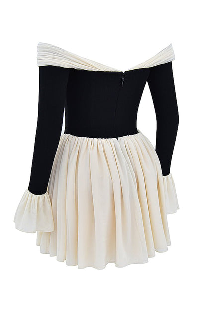 ALANA BLACK & CREAM OFF SHOULDER DRESS - White